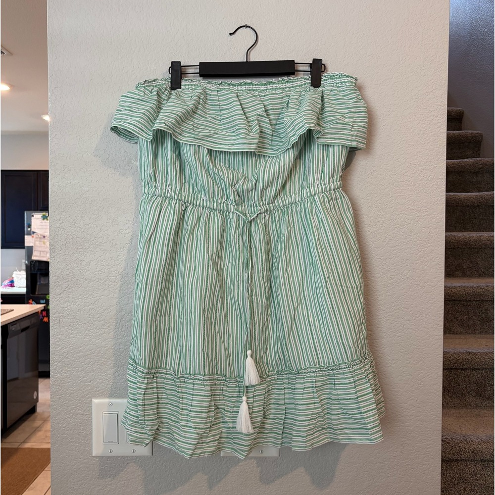 American Eagle Green White Striped Strapless Ruffle Mini Dress Boho XL - Picture 2 of 7